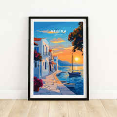 Aegina Travel Print showcasing the sunset over Aegina Island in Greece with a picturesque waterfront scene.