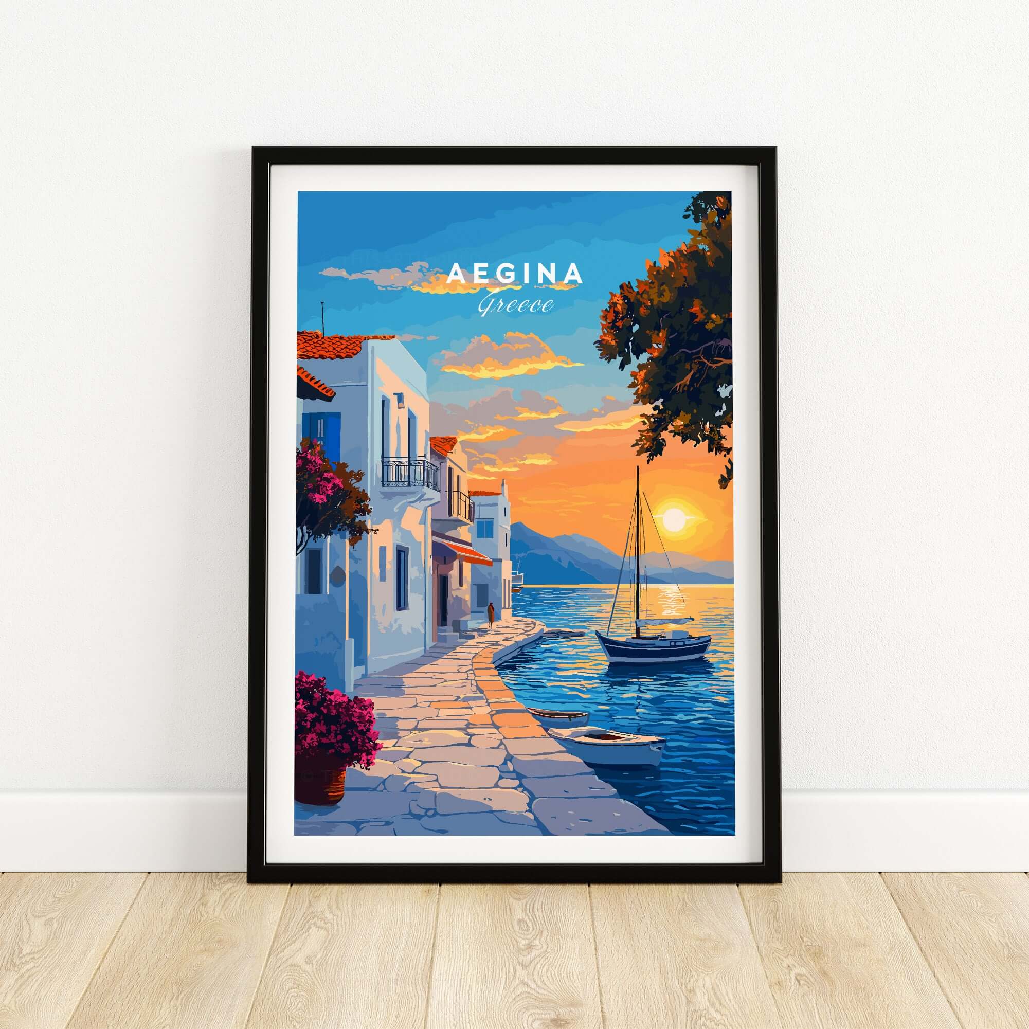 Aegina Travel Print showcasing the sunset over Aegina Island in Greece with a picturesque waterfront scene.