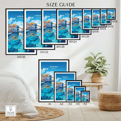 Size guide for Aegina Wall Art prints in various dimensions and framing options, showcasing vibrant Mediterranean aesthetics.