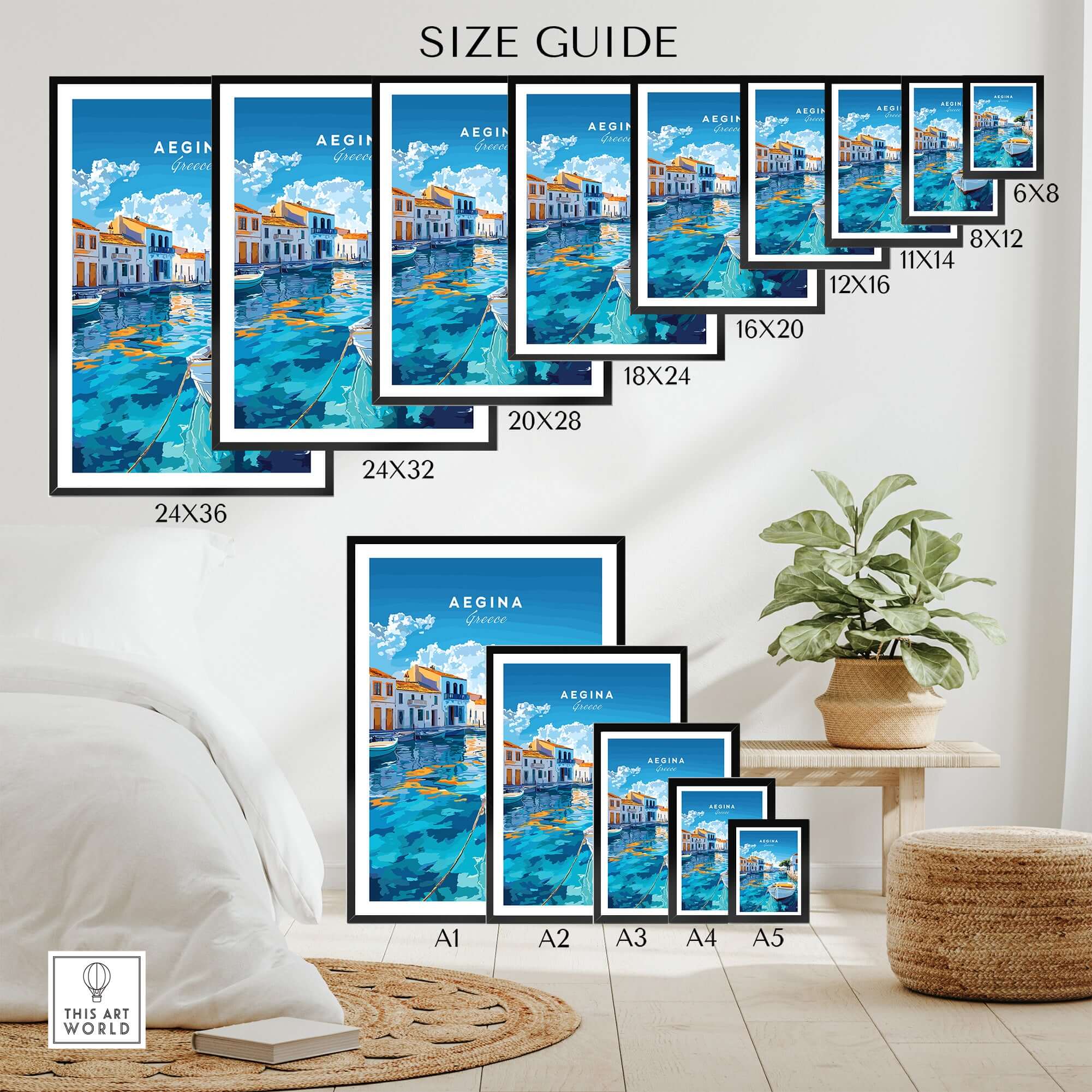Size guide for Aegina Wall Art prints in various dimensions and framing options, showcasing vibrant Mediterranean aesthetics.