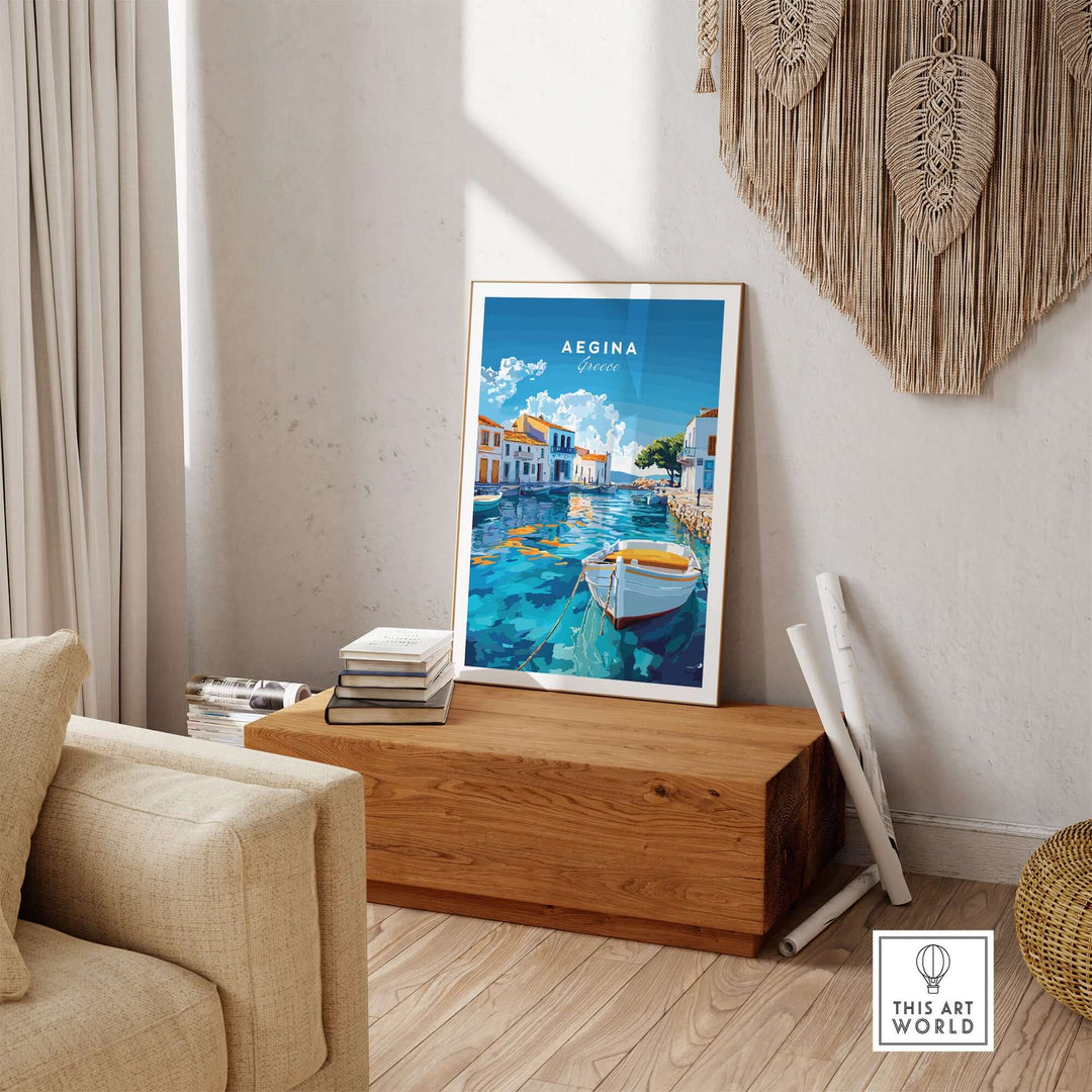 Aegina wall art featuring a serene Greek island seascape, enhancing Mediterranean decor in a stylish living room.