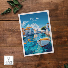 Aegina Wall Art depicting a serene Greek island scene with a boat on tranquil waters, bringing Mediterranean charm to your home.