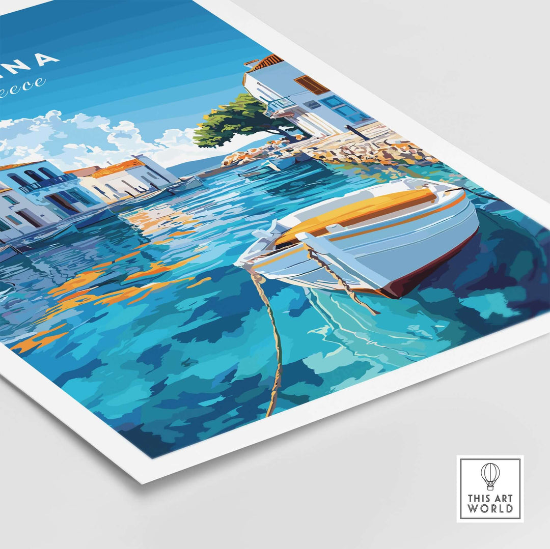 Aegina Wall Art featuring a colorful illustration of a boat and picturesque buildings reflecting on serene waters.