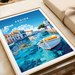 Aegina Wall Art depicting a serene waterfront scene in Greece with colorful buildings and boats.