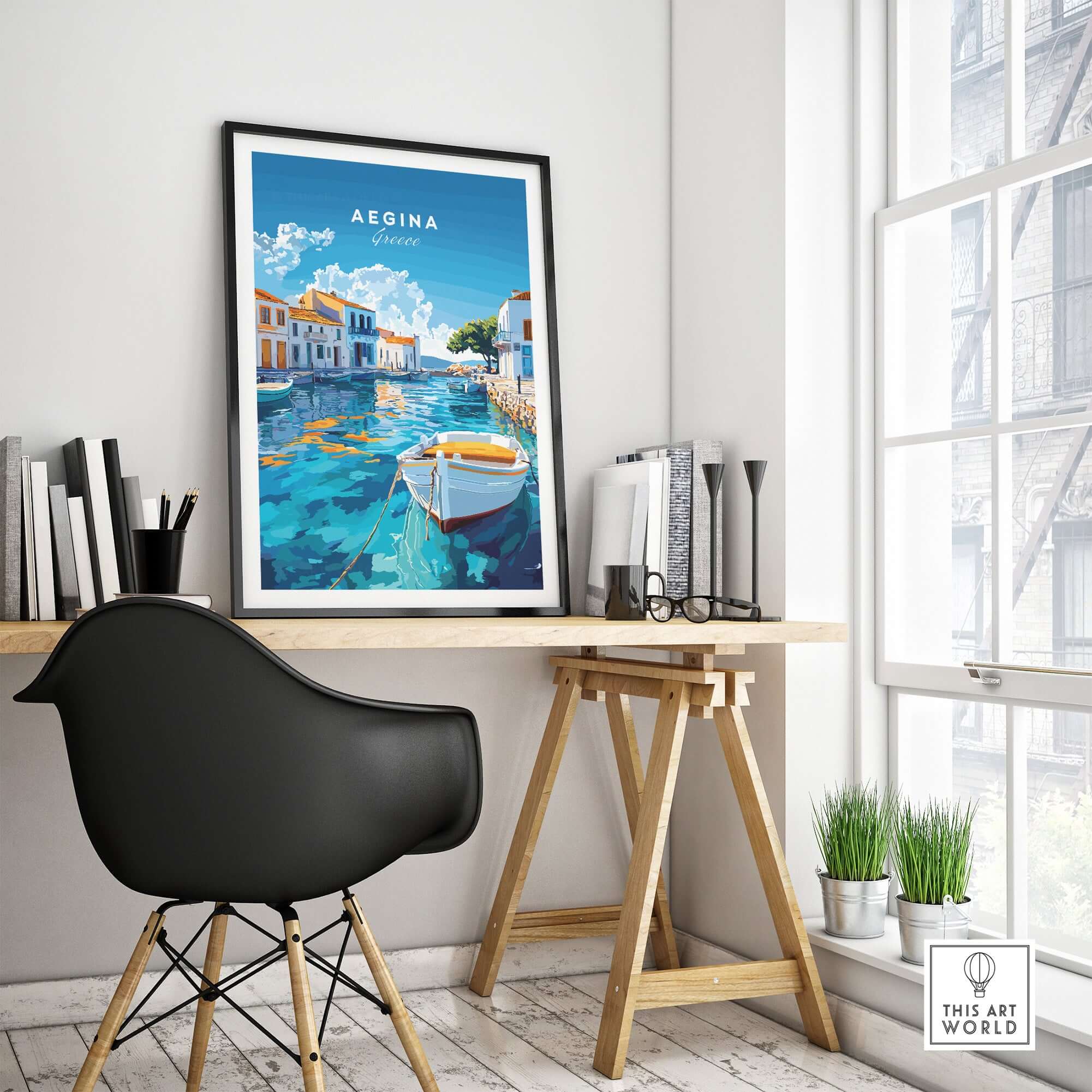 Aegina Wall Art displayed in a modern home office setting with a boat and vibrant colors.