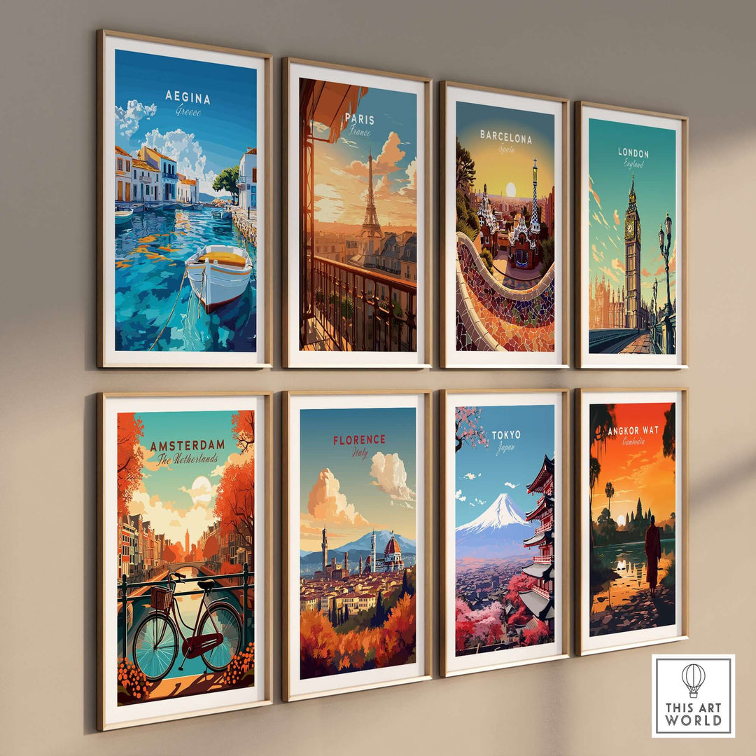 Aegina wall art piece alongside stunning prints of iconic cities like Paris, Barcelona, London, and more, showcasing vibrant colors.