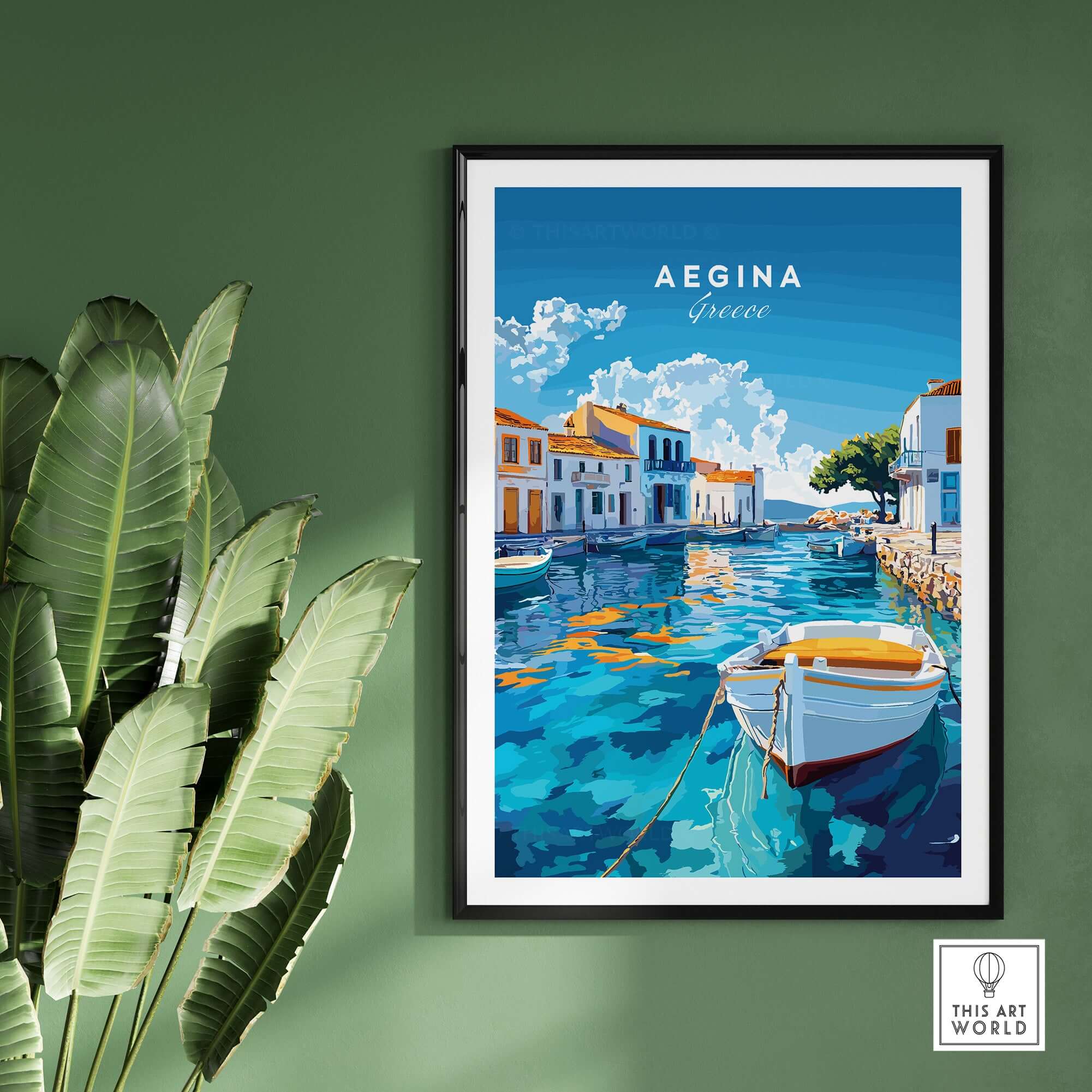 Aegina Wall Art showcasing vibrant blue waters and picturesque buildings of Aegina, Greece.