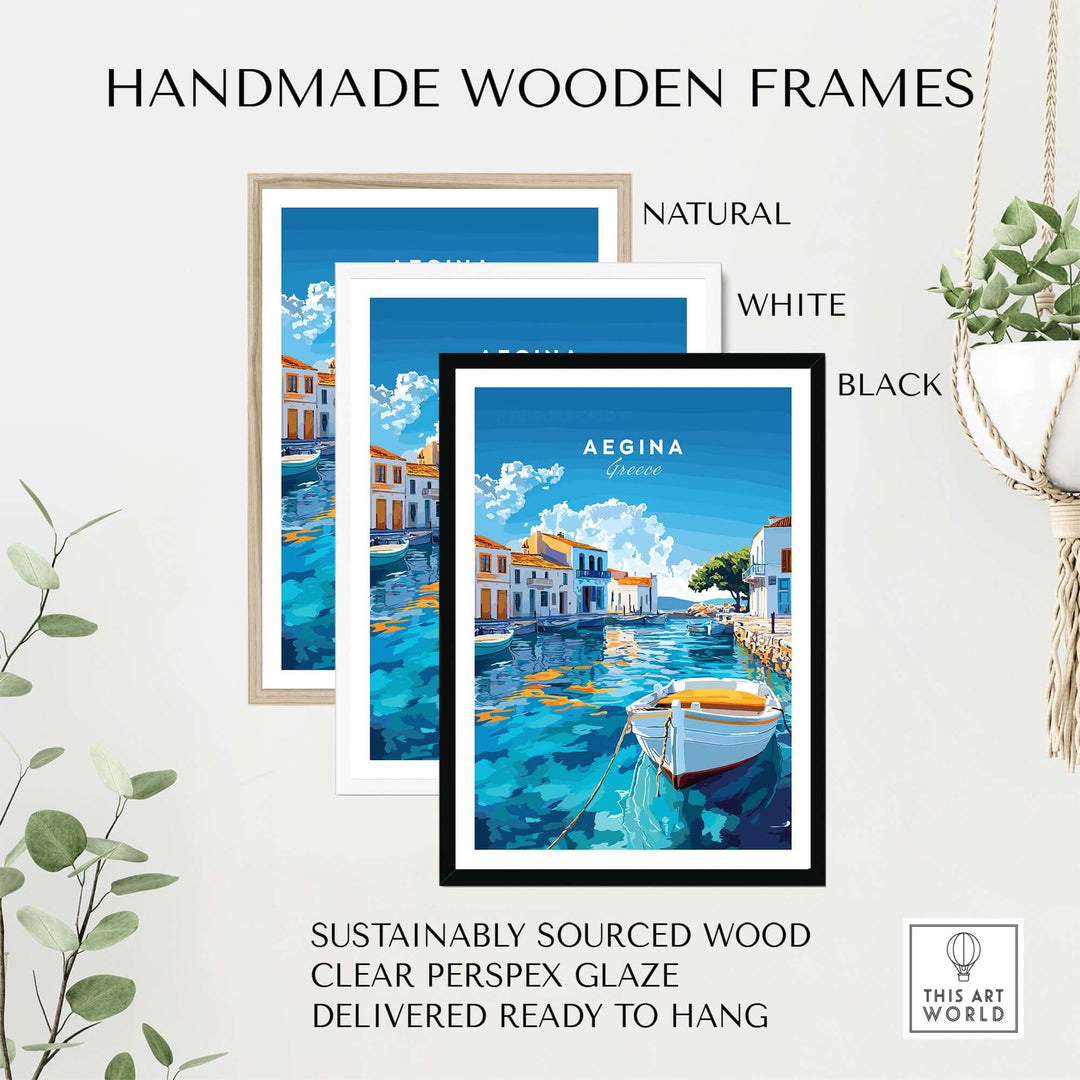 Handmade wooden frames in natural, white, and black for Aegina wall art, made from sustainably sourced wood, ready to hang.