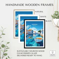 Aegina Wall Art displayed in handmade wooden frames in natural, white, and black colors, showcasing Mediterranean charm.