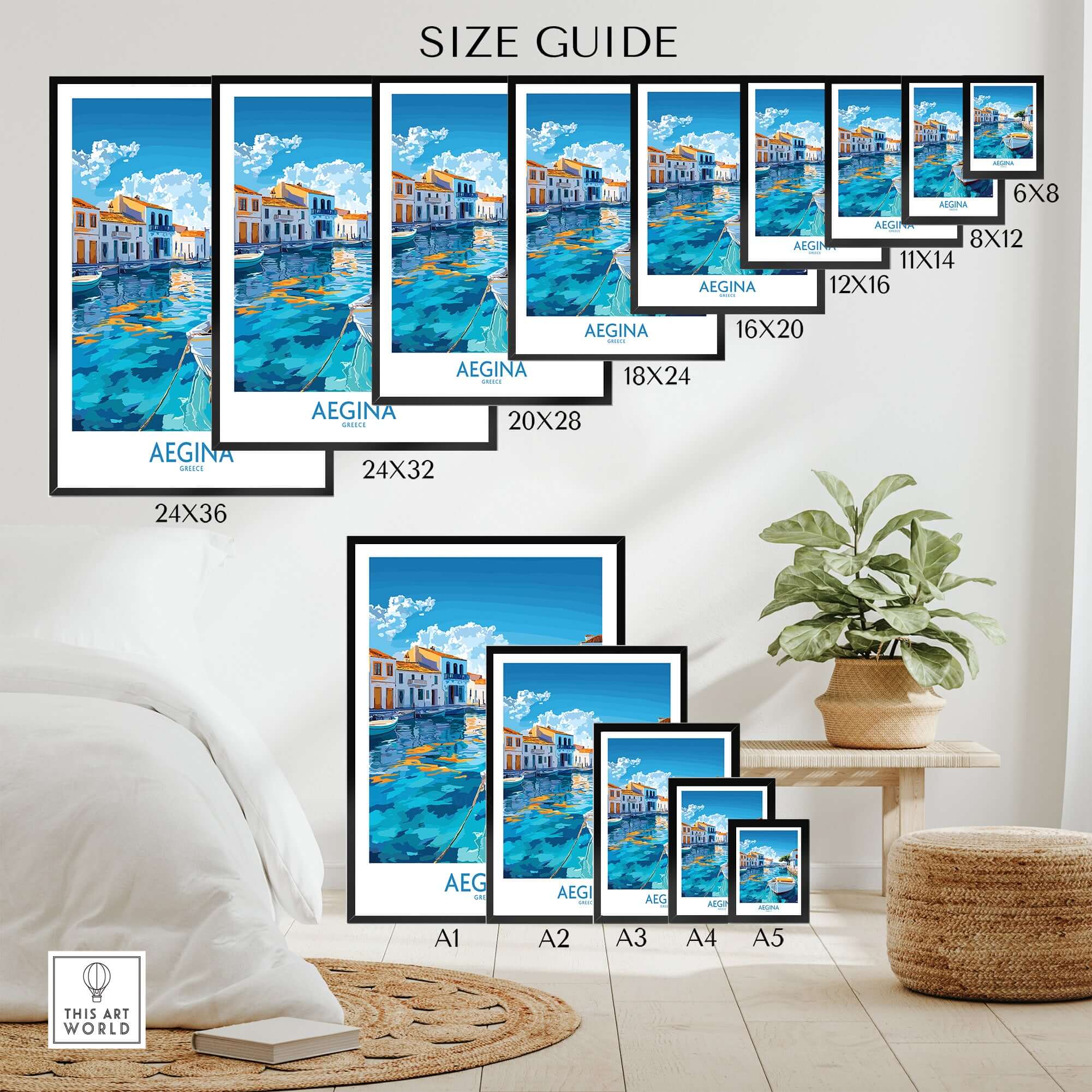 Size guide for Aegina Wall Art Print with various frame sizes displayed in a stylish interior setting.