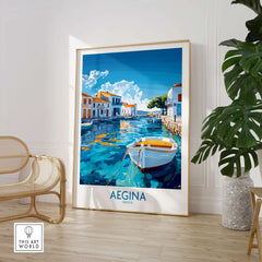 Aegina Wall Art Print showcasing a vibrant scene of the Greek Island Aegina with a boat in tranquil waters.