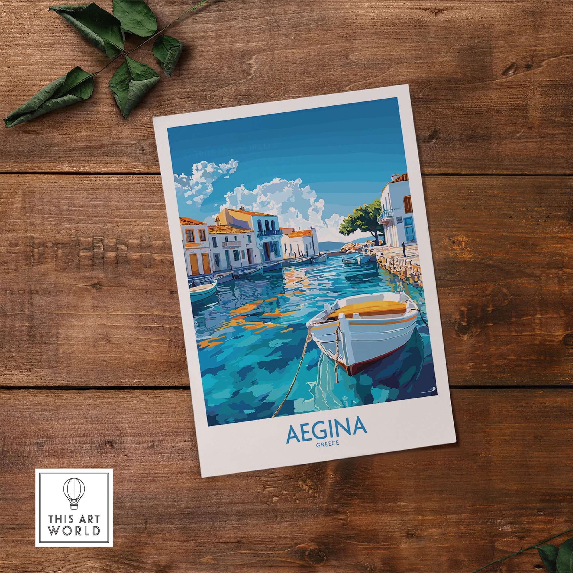 Aegina Wall Art Print showcasing a serene Greek Island scene with vibrant colors and tranquil waters.