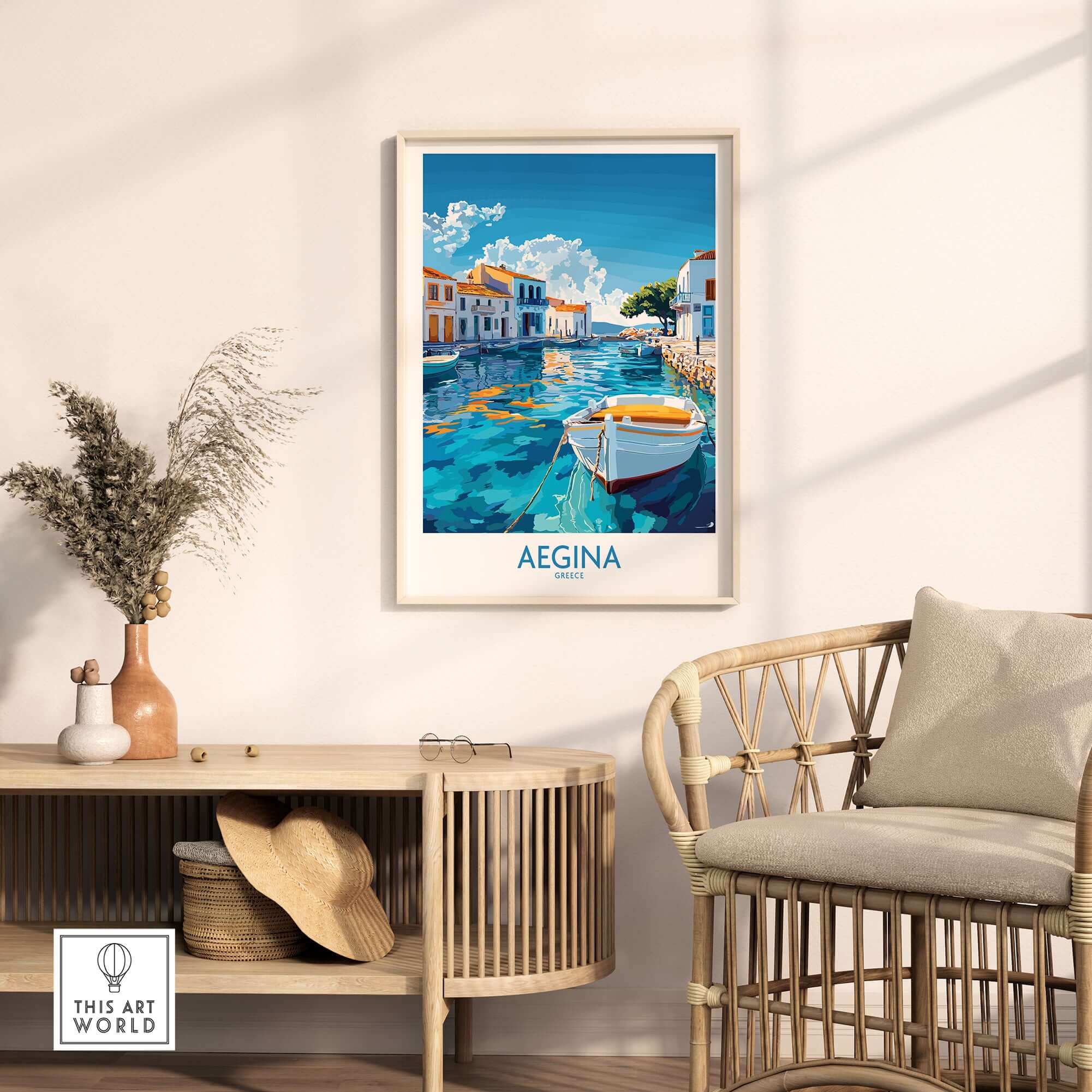 Aegina Wall Art Print showcasing a picturesque scene of a Greek island with a boat and vibrant architecture.