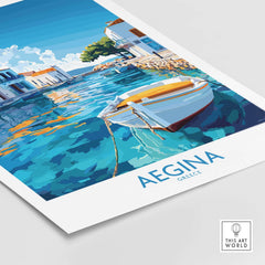 Aegina Wall Art Print featuring a serene view of Aegina, Greece with a boat in clear turquoise waters.