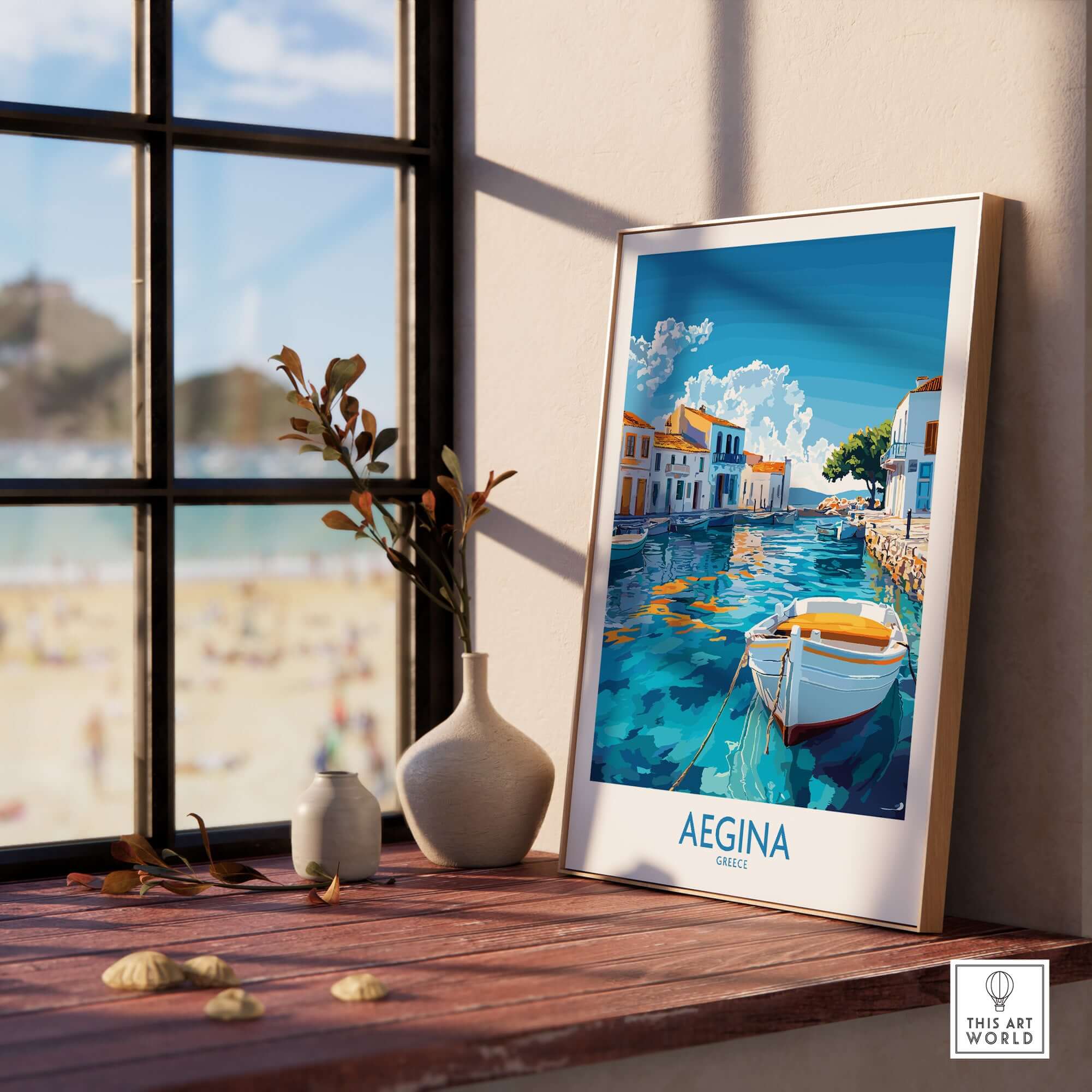 Aegina Wall Art Print depicting a serene Greek island scene with a boat, enhancing home decor with beauty.