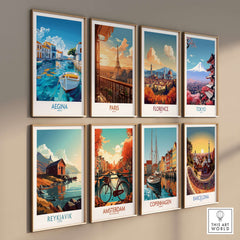 Aegina Wall Art Print and other city-themed prints displayed in a modern gallery wall setup.