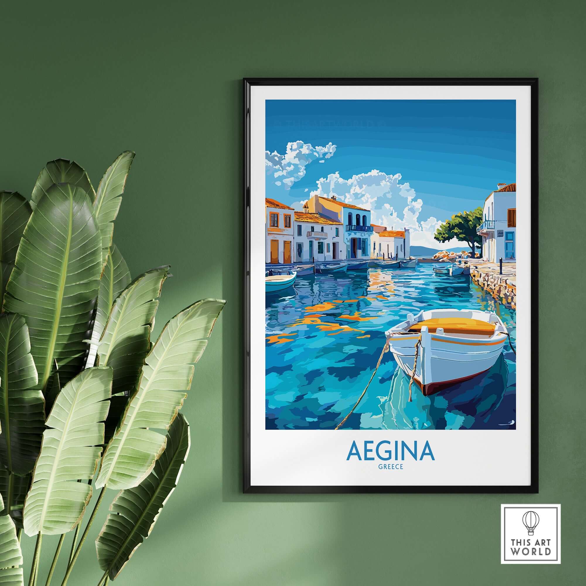 Aegina Wall Art Print featuring a serene Greek island scene with boats and vibrant colors.