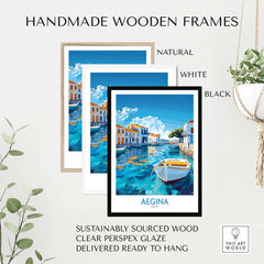 Aegina Wall Art Print displayed in handmade wood frames showcasing natural, white, and black options.