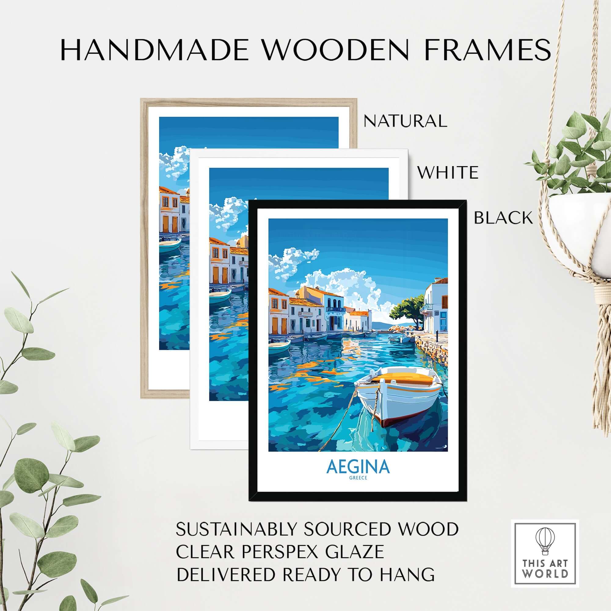 Aegina Wall Art Print displayed in handmade wood frames showcasing natural, white, and black options.