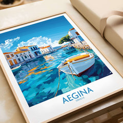 Aegina Wall Art Print featuring a colorful depiction of Aegina, Greece with boats on serene waters.