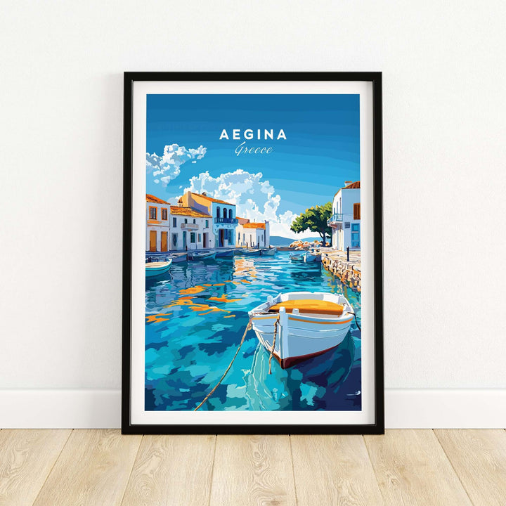 Aegina wall art featuring a vibrant Greek island scene with a boat and colorful buildings by the water.