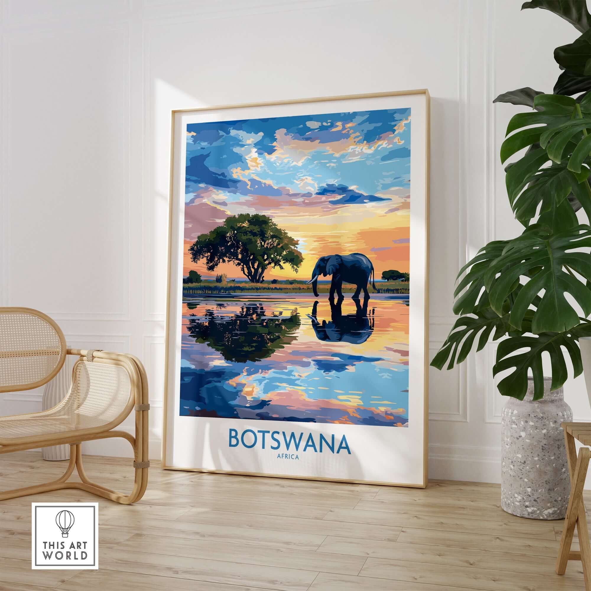 African Elephant in Botswana - Golden Hour Sunset Fine Art Print on display in modern home decor.