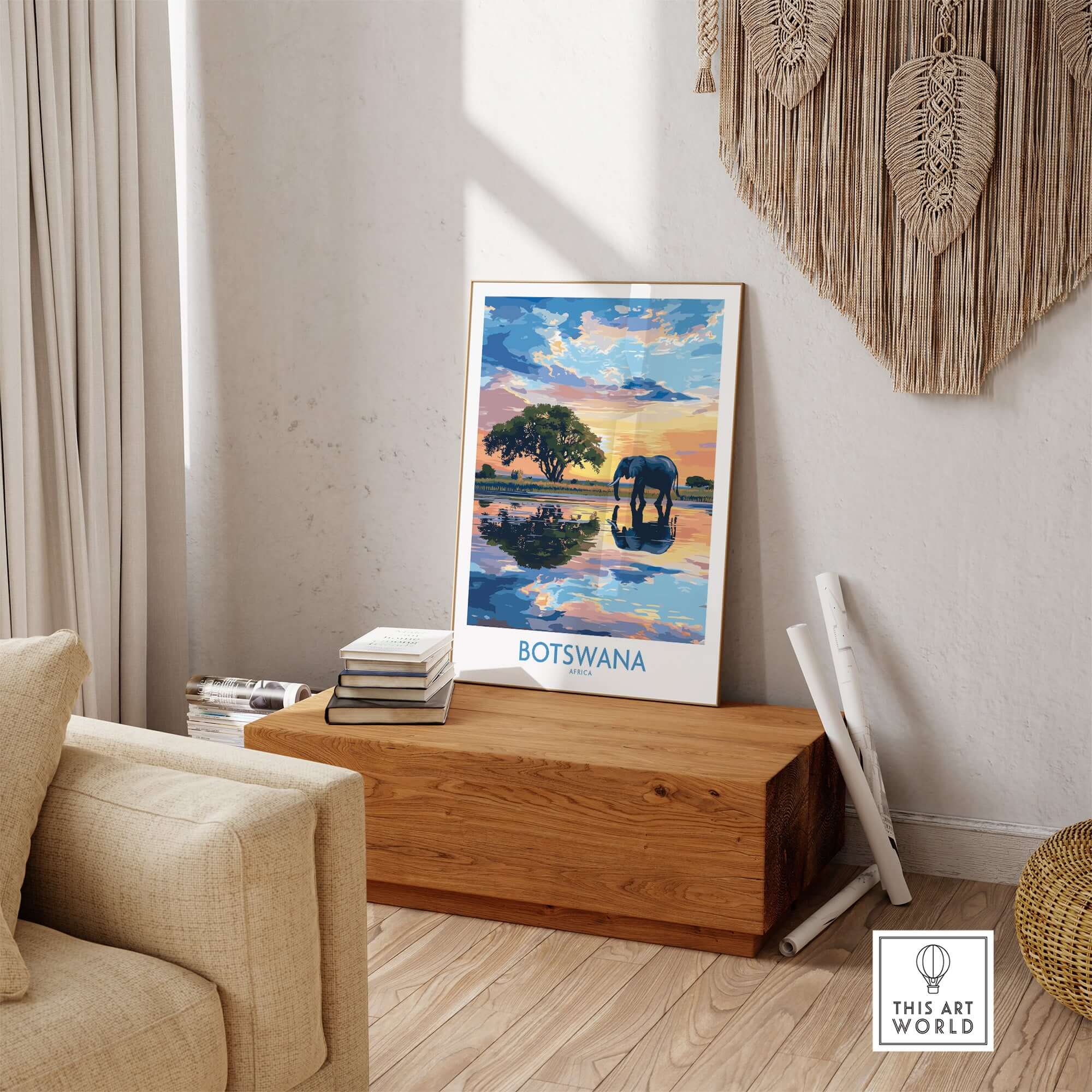 African Elephant in Botswana - Golden Hour Sunset Fine Art Print displayed in a stylish living room setting.