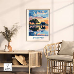 African Elephant in Botswana - Golden Hour Sunset Fine Art Print displayed in a cozy living room setting.