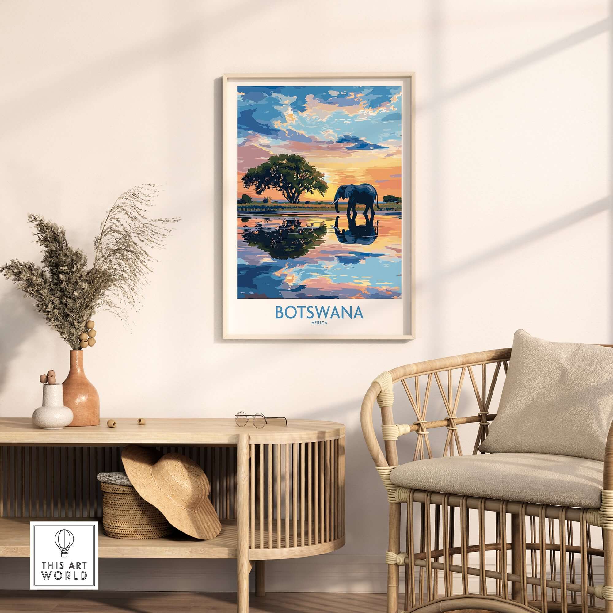 African Elephant in Botswana - Golden Hour Sunset Fine Art Print displayed in a cozy living room setting.