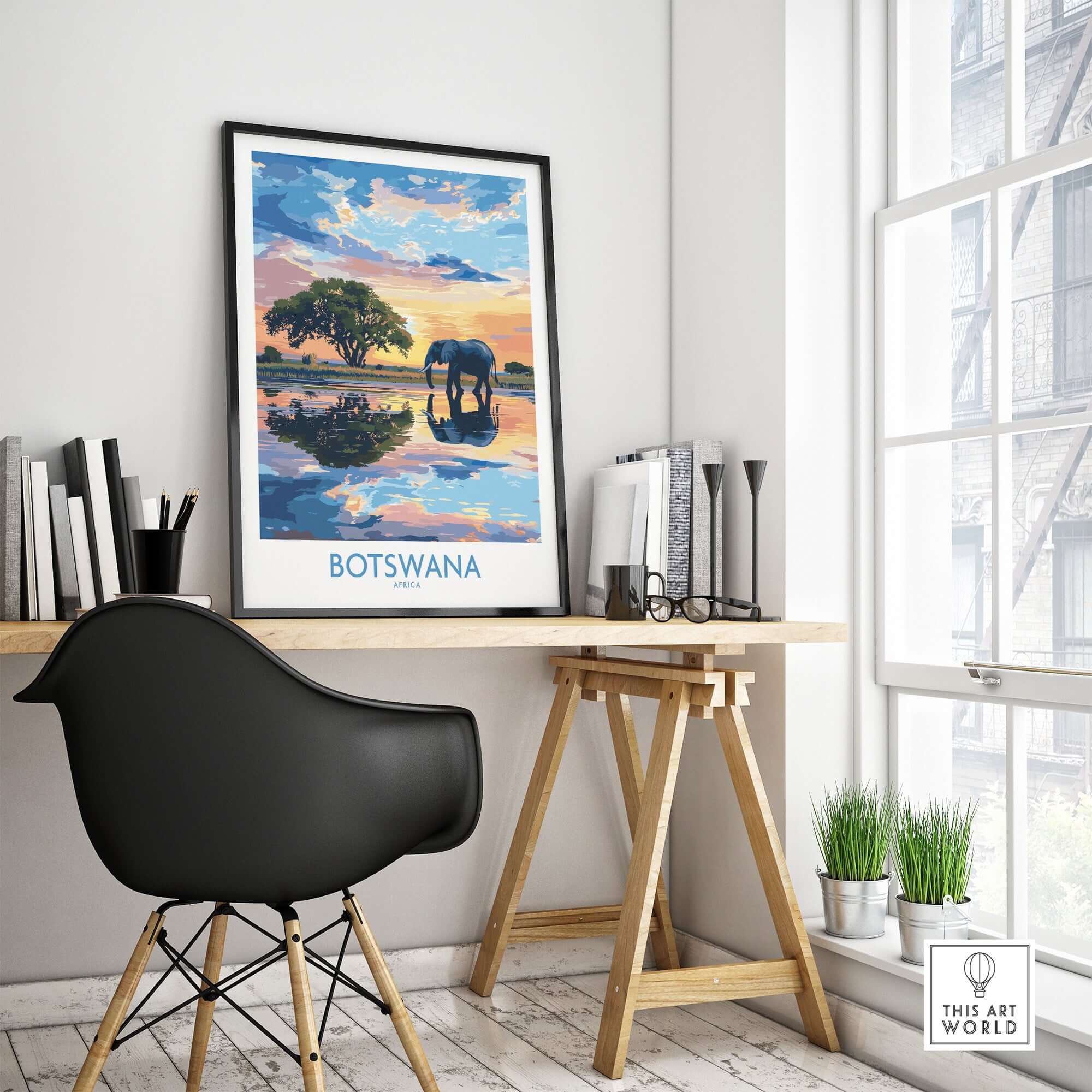 African Elephant in Botswana - Golden Hour Sunset Fine Art Print on display in a modern office setting.