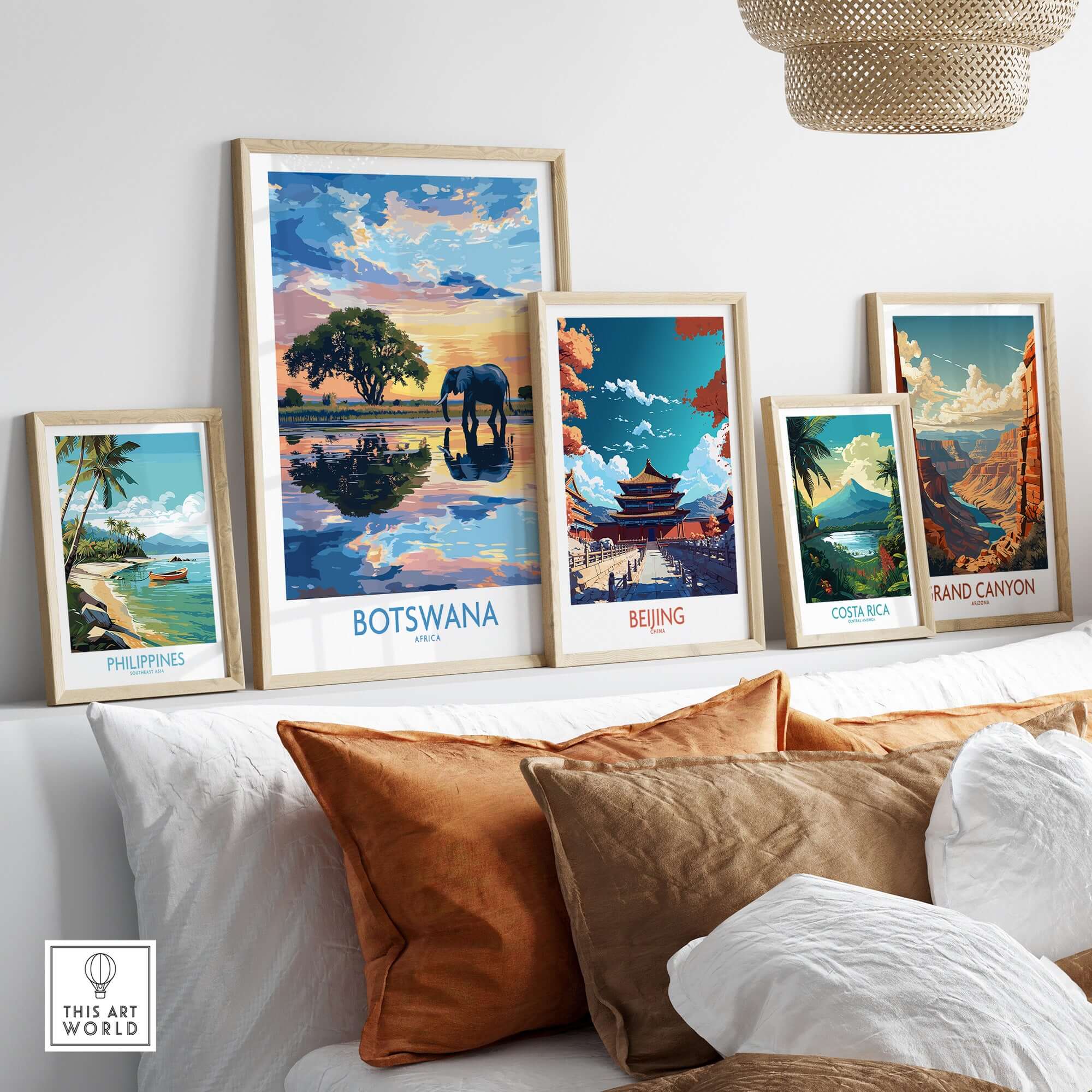 African Elephant in Botswana - Golden Hour Sunset Fine Art Print displayed among other travel-themed art prints.