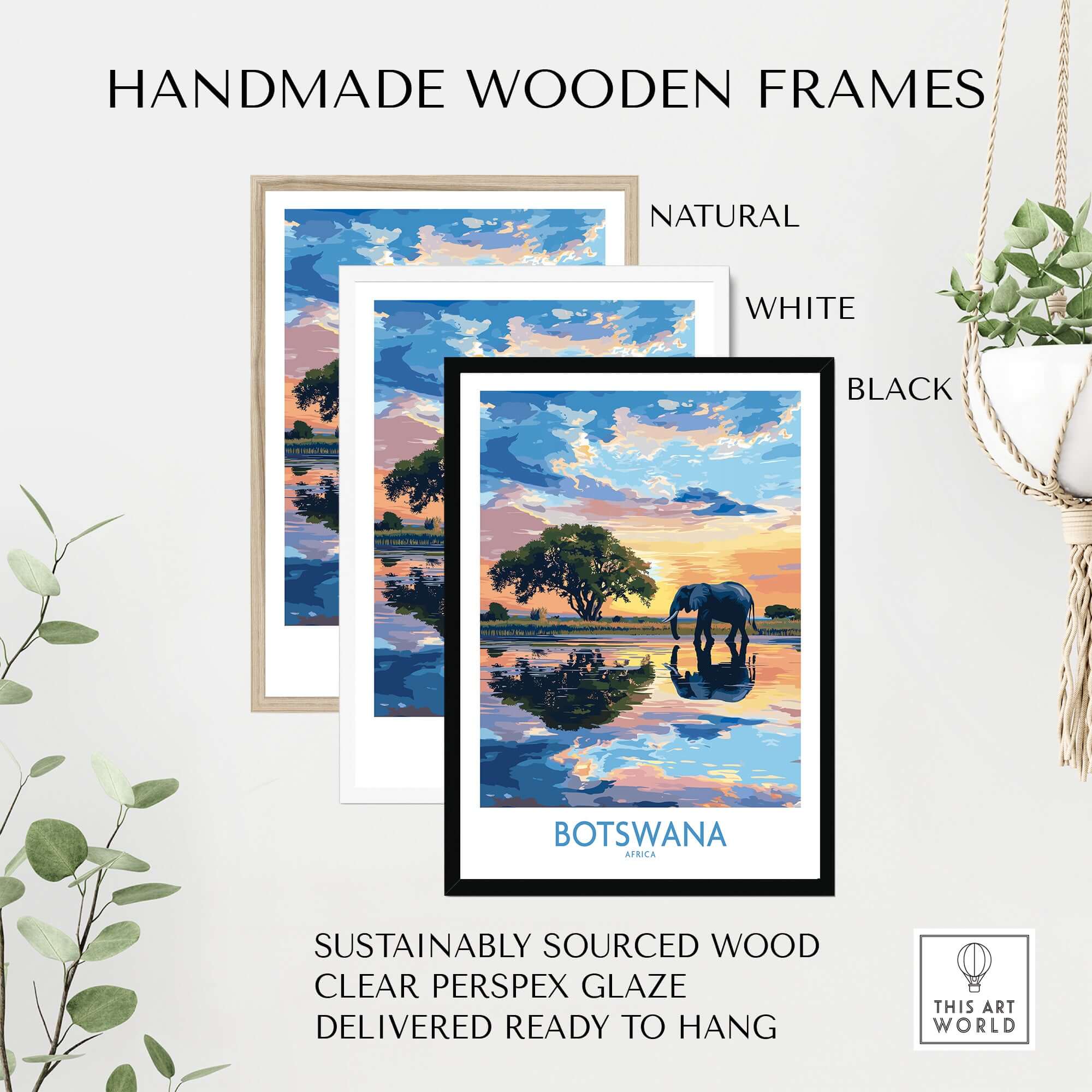 Handmade wooden frames in natural, white, and black for African Elephant in Botswana - Golden Hour Sunset Fine Art Print.