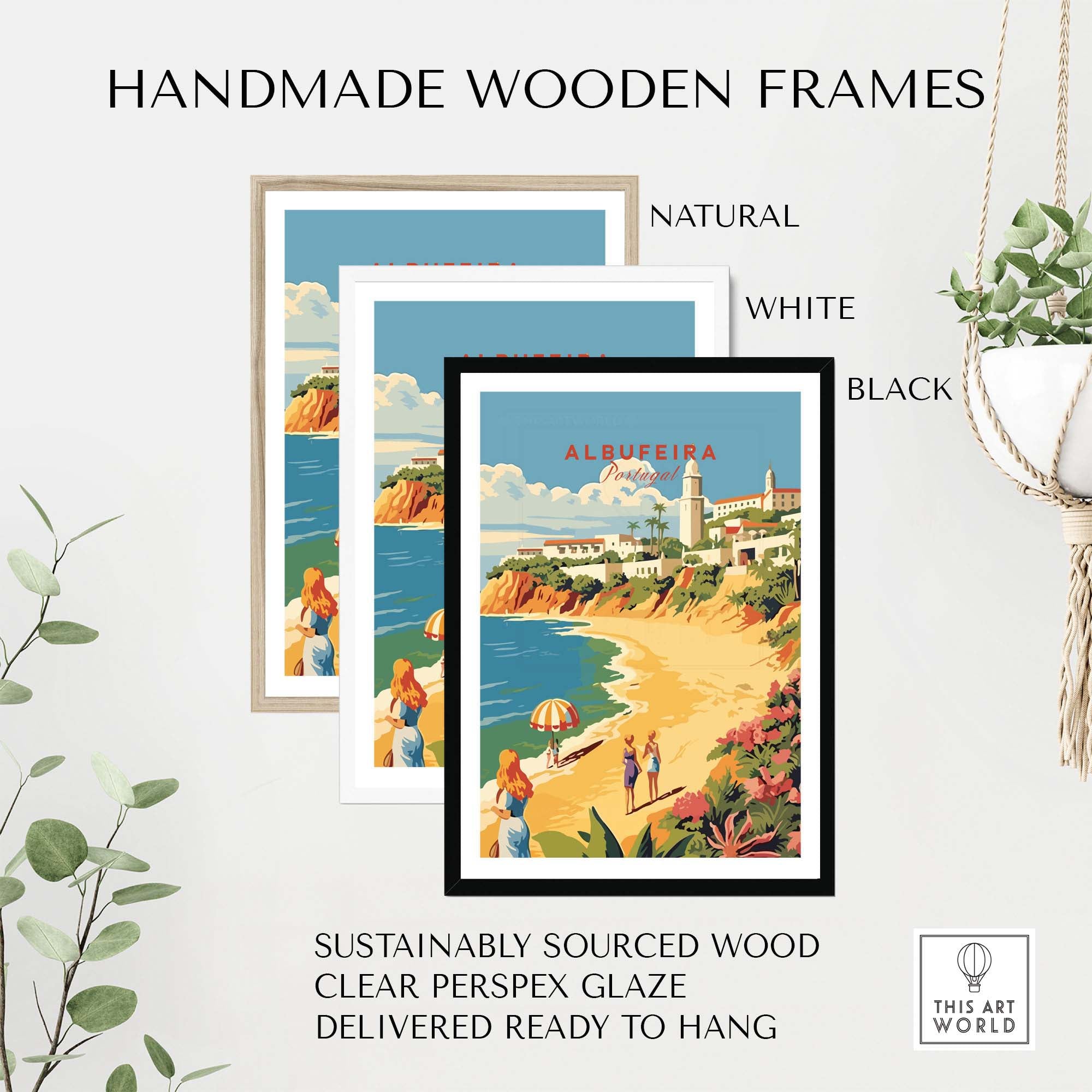 Albufeira Portugal Poster displayed in handmade wooden frames in natural, white, and black finishes, ready to hang.