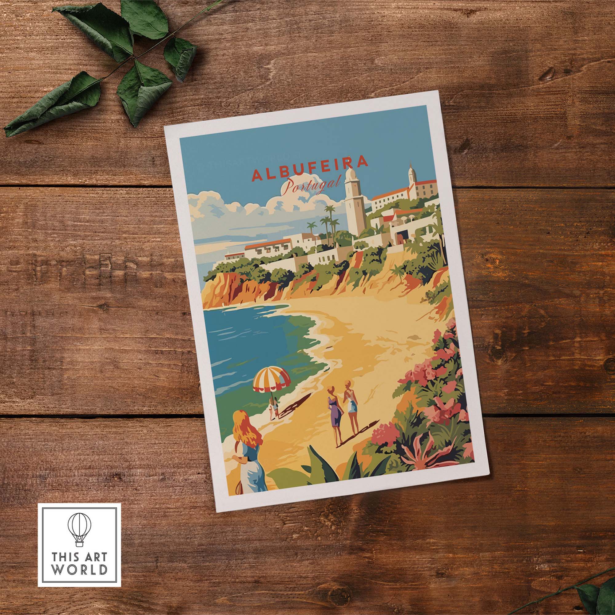 Vibrant Albufeira Portugal poster featuring beach scene and coastal architecture, perfect for home decor.