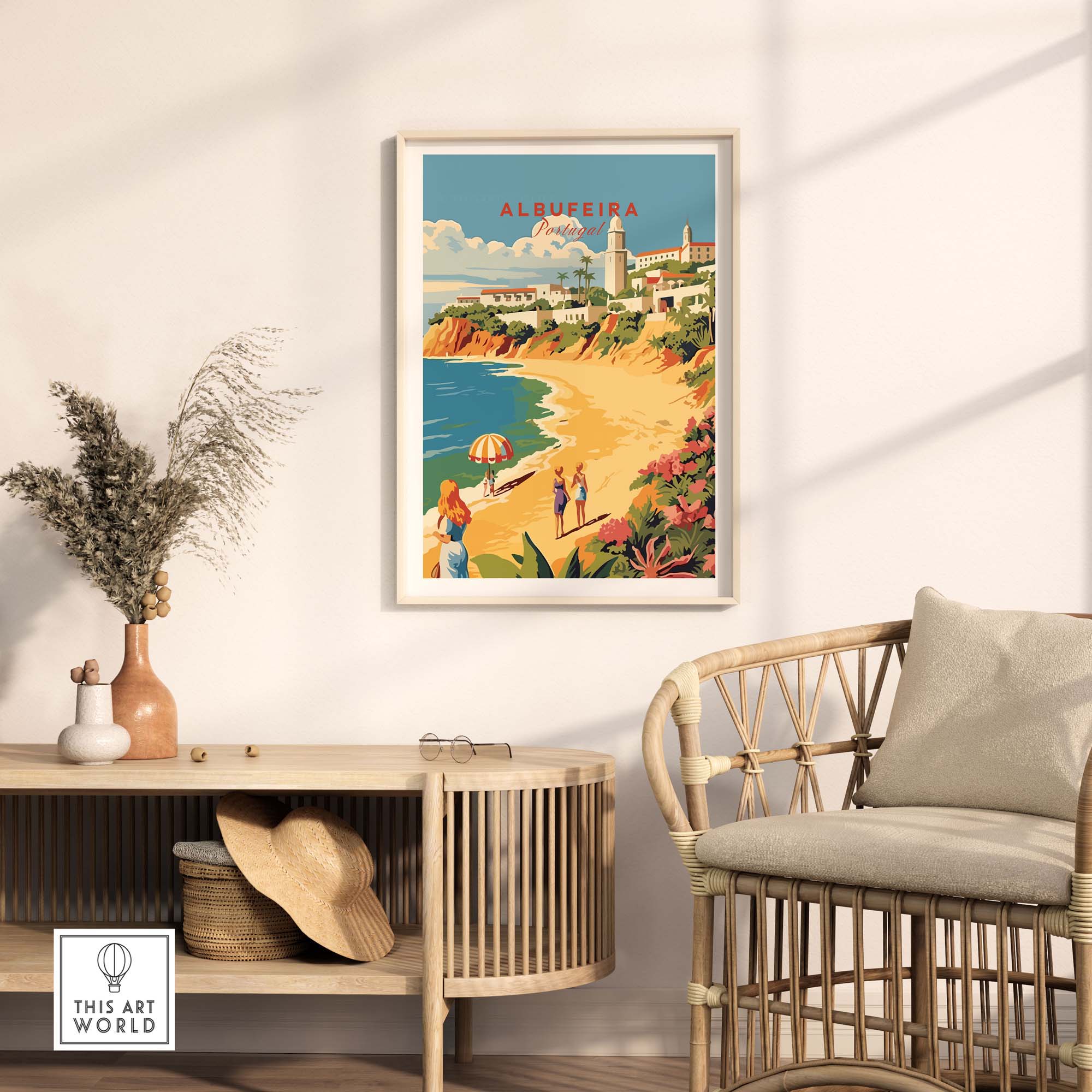 Albufeira Portugal poster displayed in a modern living room setting, showcasing beach scenery and vibrant colors.