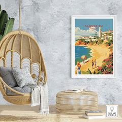 Albufeira Portugal poster displayed in a stylish living room with hanging chair and decor, capturing coastal beauty.