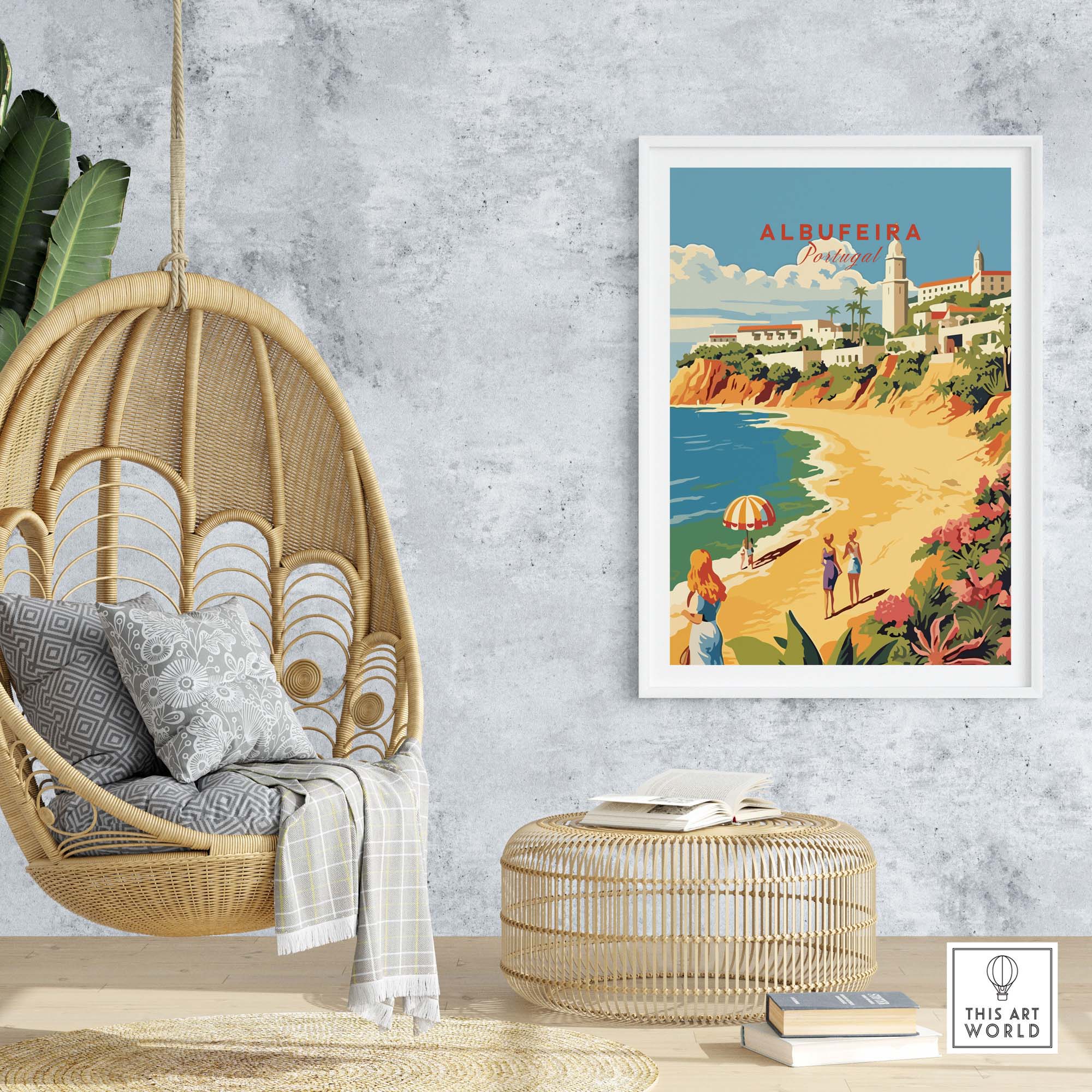 Albufeira Portugal poster displayed in a stylish living room with hanging chair and decor, capturing coastal beauty.