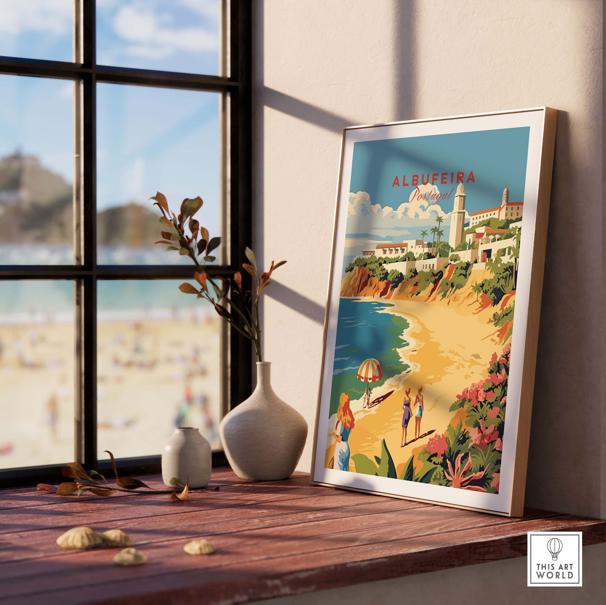Albufeira Portugal poster displayed in a sunny room, evoking beach memories and vibrant home decor.