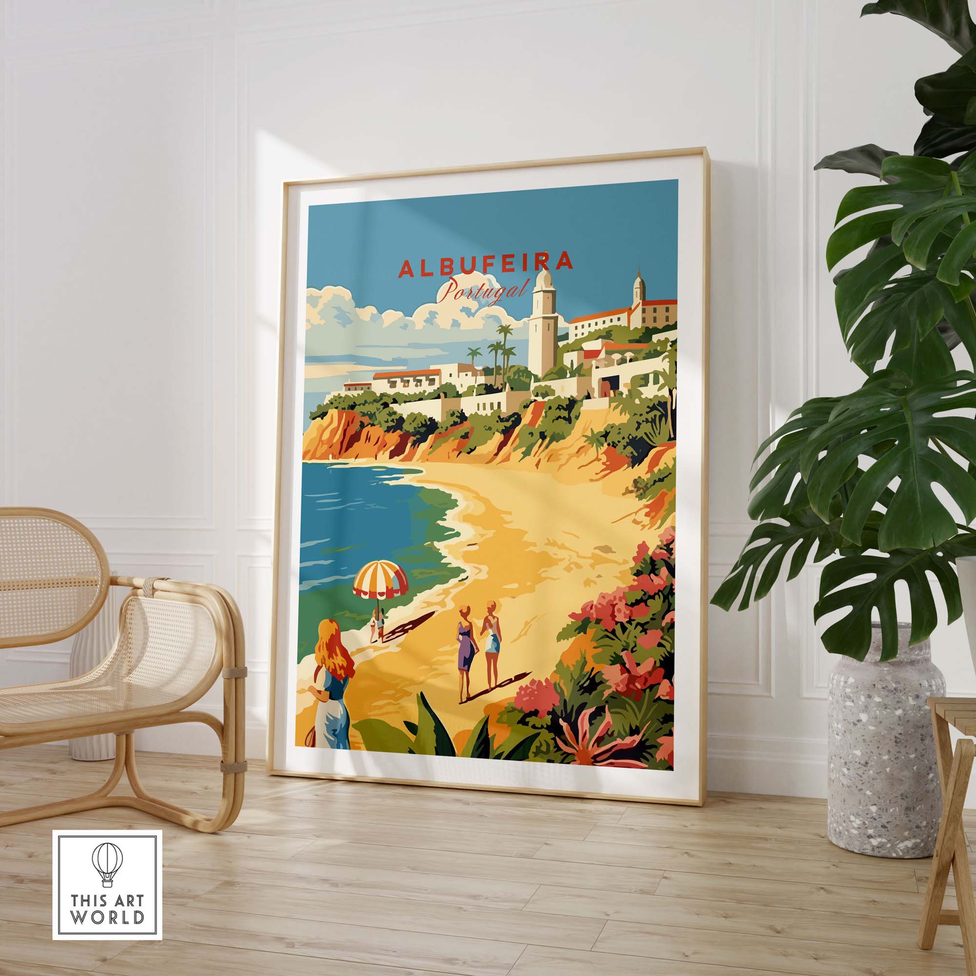 Albufeira Portugal poster featuring a beach scene, perfect for adding a touch of travel-inspired art to home decor.