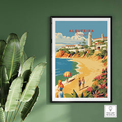 Albufeira Portugal poster featuring a beach scene, palm trees, and vibrant colors, perfect for home decor.