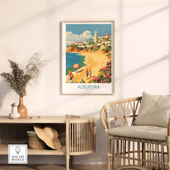 Albufeira Portugal wall art poster displayed in a stylish living room, highlighting vibrant beach scenery and coastal charm.