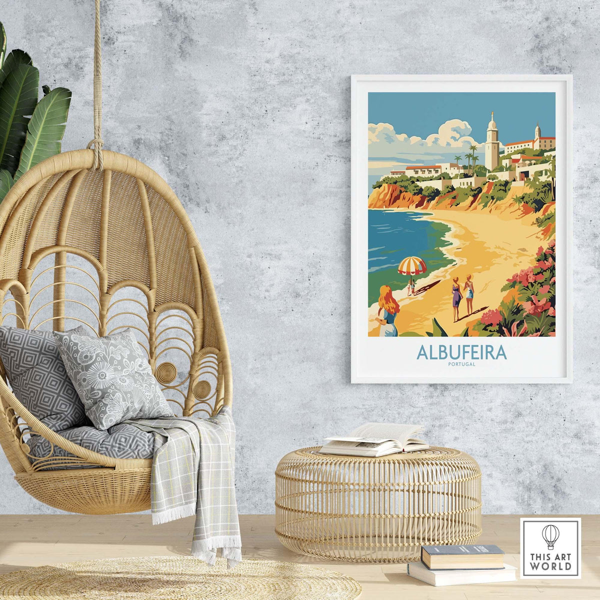 Albufeira Portugal wall art decor in a stylish interior with a hanging chair and beach scenery poster