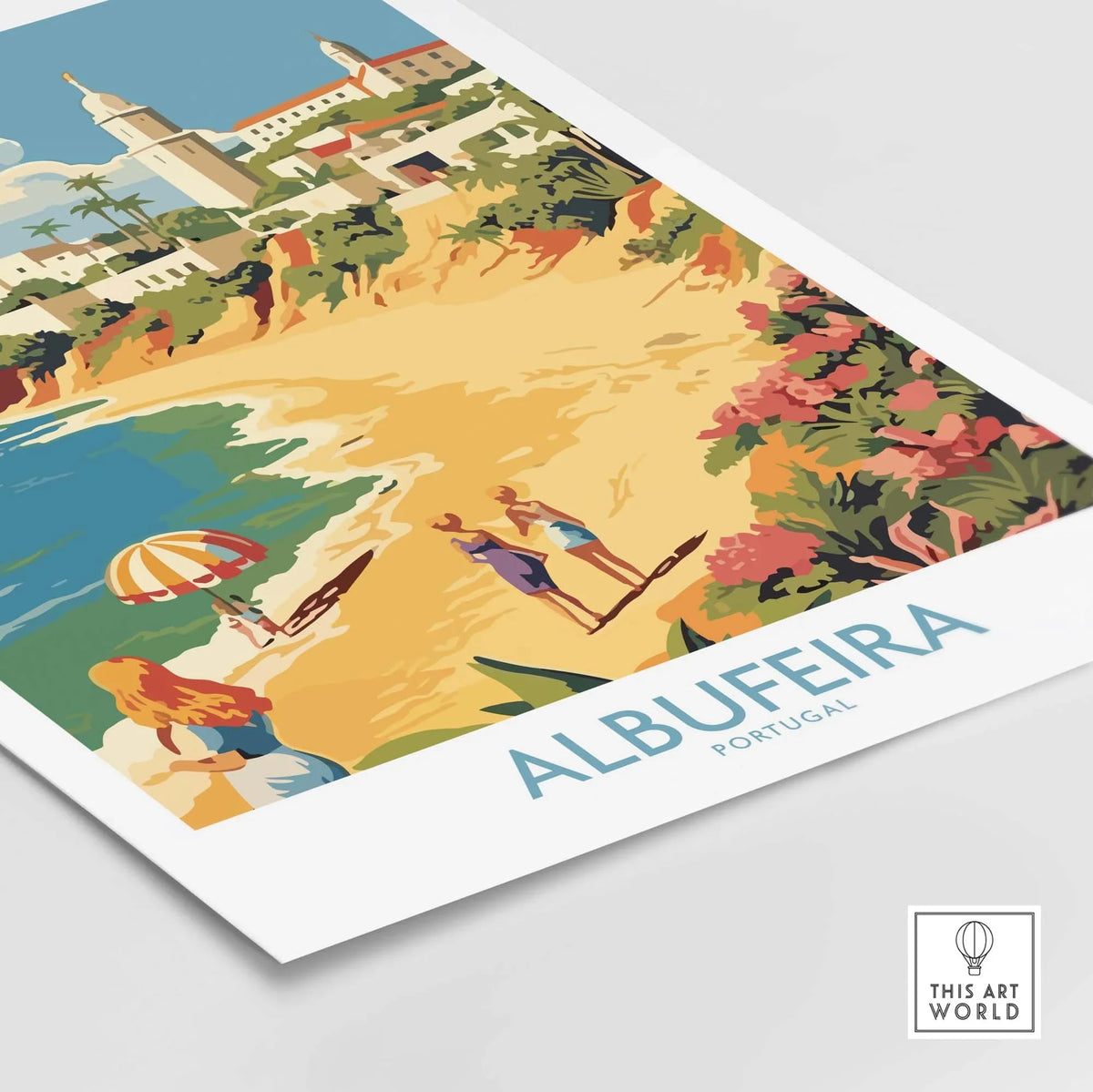 Colorful Albufeira Portugal wall art featuring beach scenes and vibrant landscape, perfect for home decor.