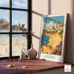 Albufeira Portugal wall art framed by a sunny window, showcasing a vibrant beach landscape and coastal town.