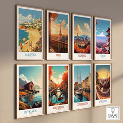 Collection of travel posters featuring Albufeira, Paris, Florence, Tokyo, Reykjavik, Amsterdam, Copenhagen, and Barcelona.