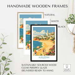 Three handmade wooden frames in natural, white, and black holding Albufeira Portugal wall art, ready to hang.
