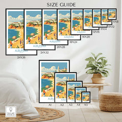 Size guide for Albufeira Portugal wall art prints in various dimensions displayed in a modern setting.