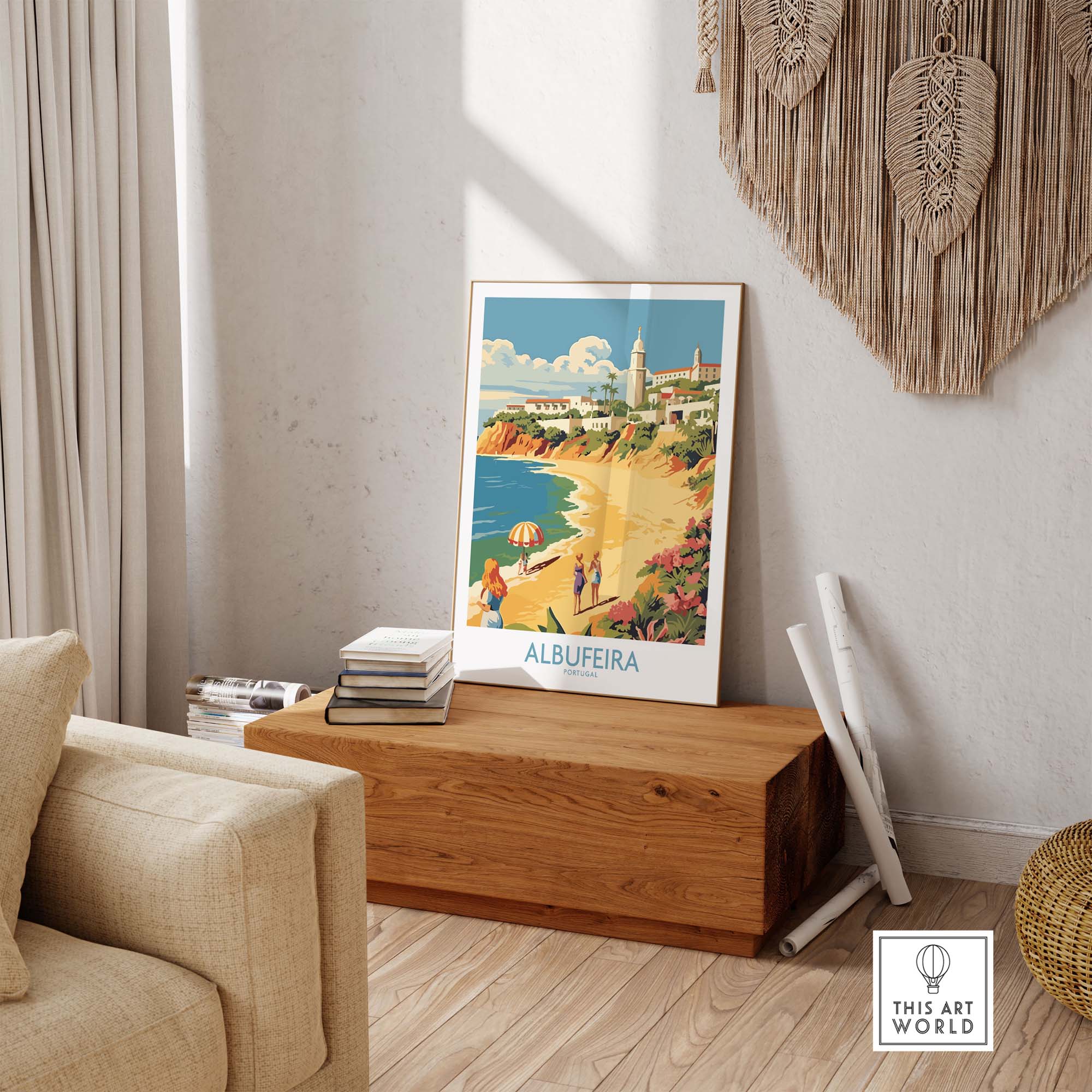 Albufeira Portugal wall art showcasing a vibrant beach scene in a modern living room setting.