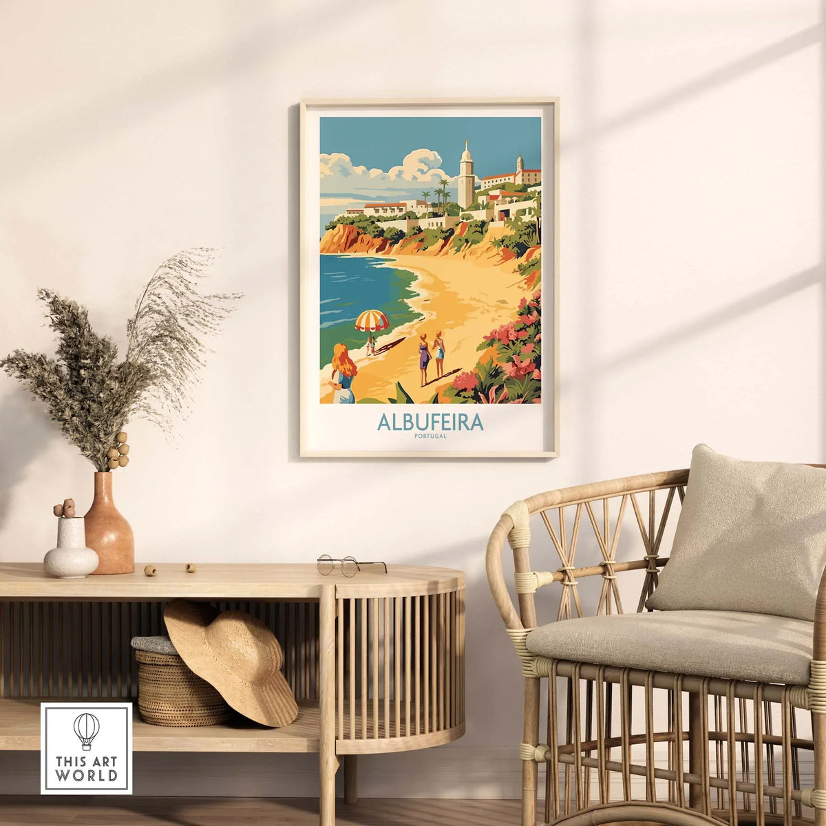 Albufeira Portugal wall art in modern decor featuring beach scene and vibrant colors, perfect for gallery display.