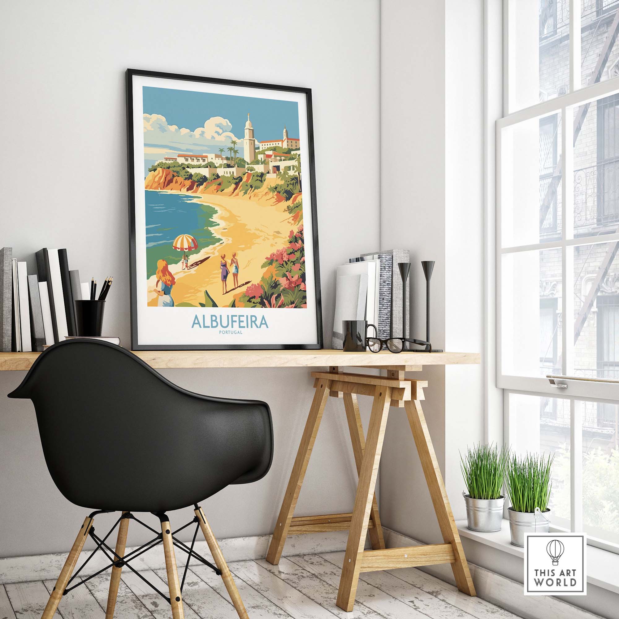Albufeira Portugal wall art displayed in a modern office setting, showcasing vibrant colors and a beach scene.